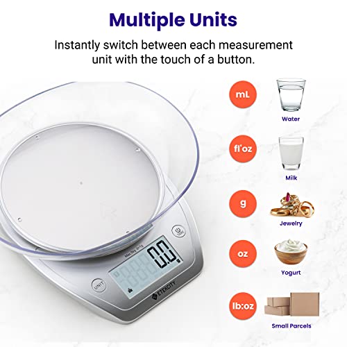 Etekcity Food Scale, 11lb/0.1g, Digital Kitchen Scale with Detachable Bowl Weight Grams and Ounces for Coffee, Baking, Cooking, Large LCD Display Stainless Steel (Batteries Included)